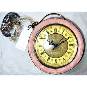 Round Pink Faux Leather Crossbody Purse Functional Clock Face Design Gold Accent